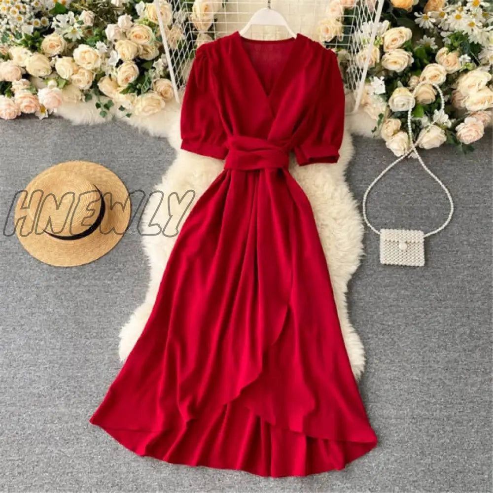 xsrrr Women Summer Midi French Dress Sweet V-Neck Puff Sleeve High Waist Elegant Solid Woman Dresses Female Clothing New Year