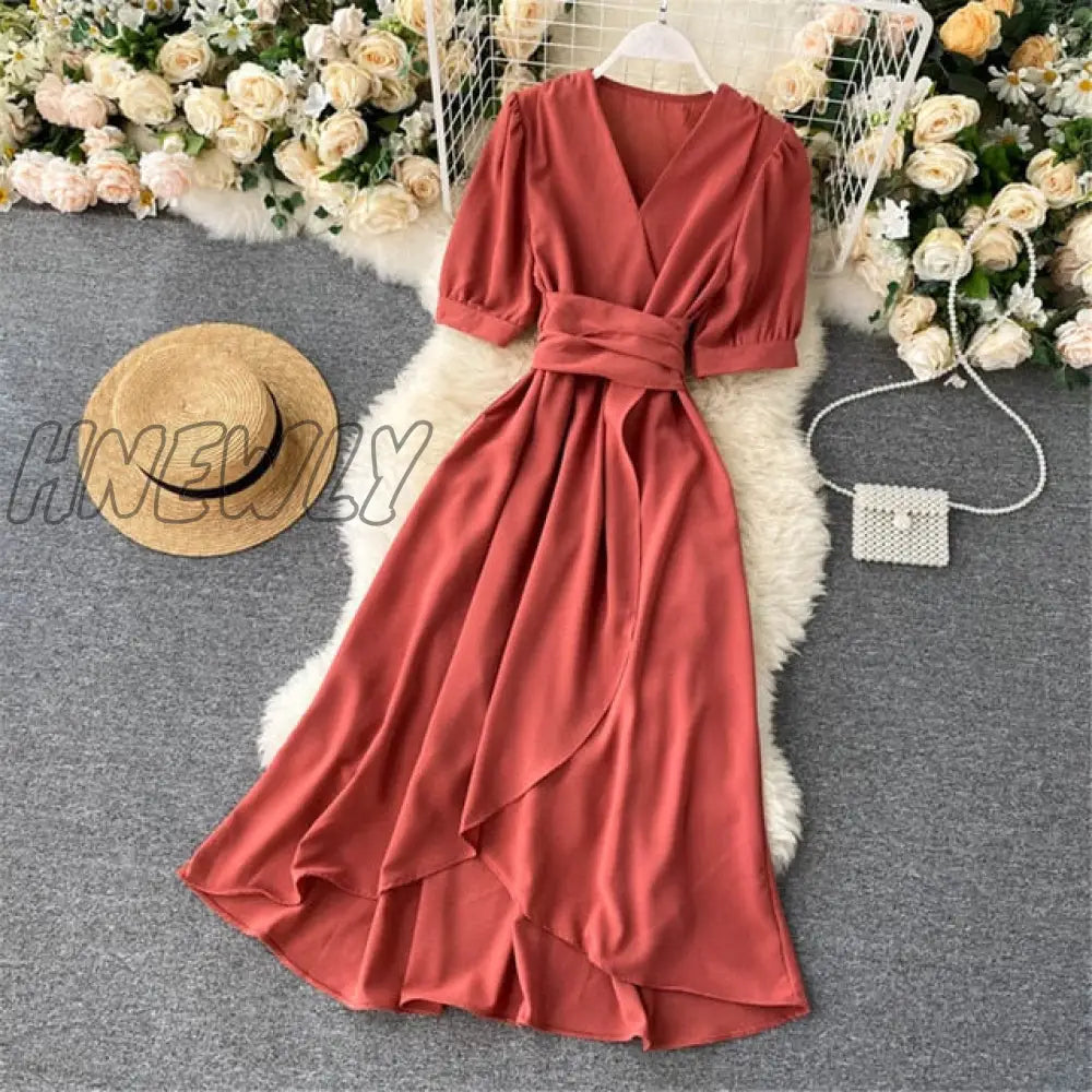 xsrrr Women Summer Midi French Dress Sweet V-Neck Puff Sleeve High Waist Elegant Solid Woman Dresses Female Clothing New Year