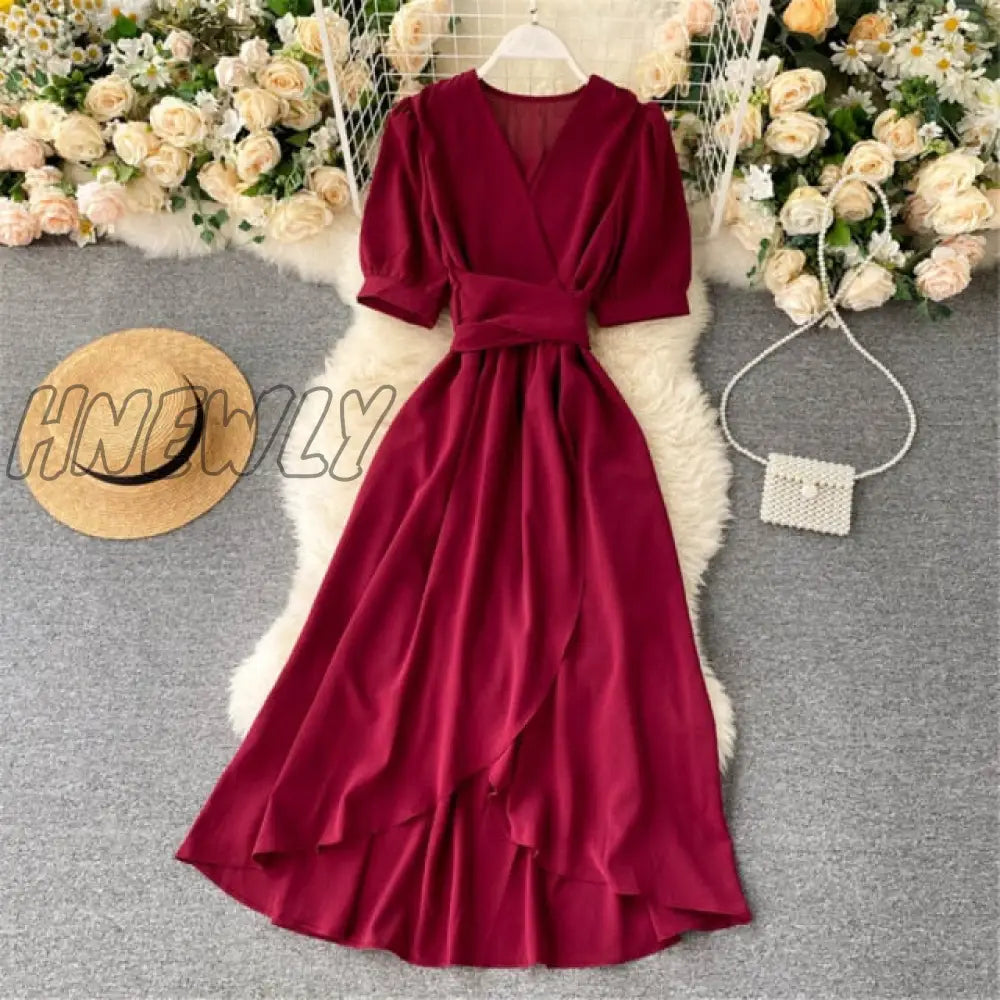 xsrrr Women Summer Midi French Dress Sweet V-Neck Puff Sleeve High Waist Elegant Solid Woman Dresses Female Clothing New Year