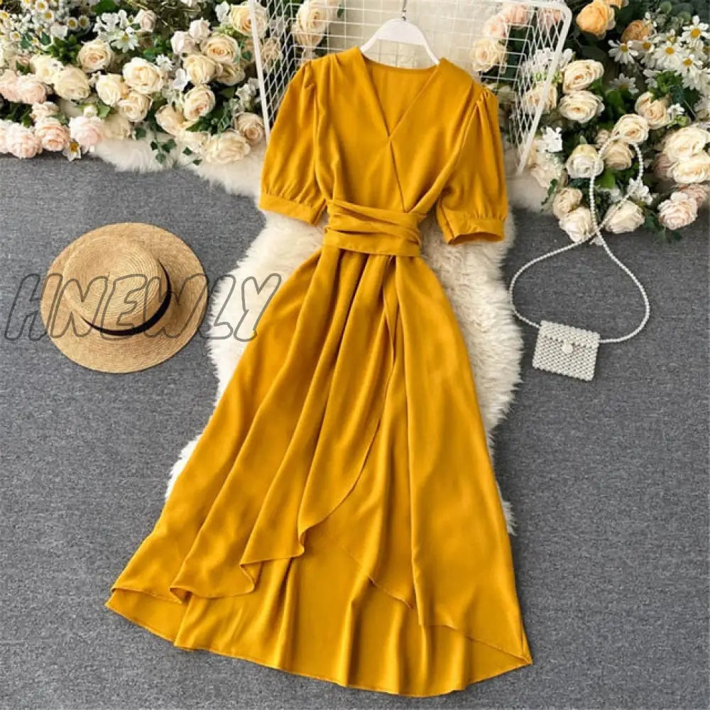 xsrrr Women Summer Midi French Dress Sweet V-Neck Puff Sleeve High Waist Elegant Solid Woman Dresses Female Clothing New Year