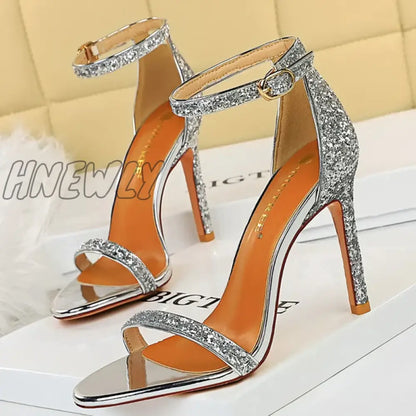 Hnewly Women Summer Platform Sandals 10cm High Heels Silver Bling Sequins Ankle Strappy Sandles Lady Wedding Event Party Sparkly Shoes