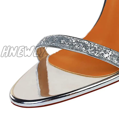 Hnewly Women Summer Platform Sandals 10cm High Heels Silver Bling Sequins Ankle Strappy Sandles Lady Wedding Event Party Sparkly Shoes