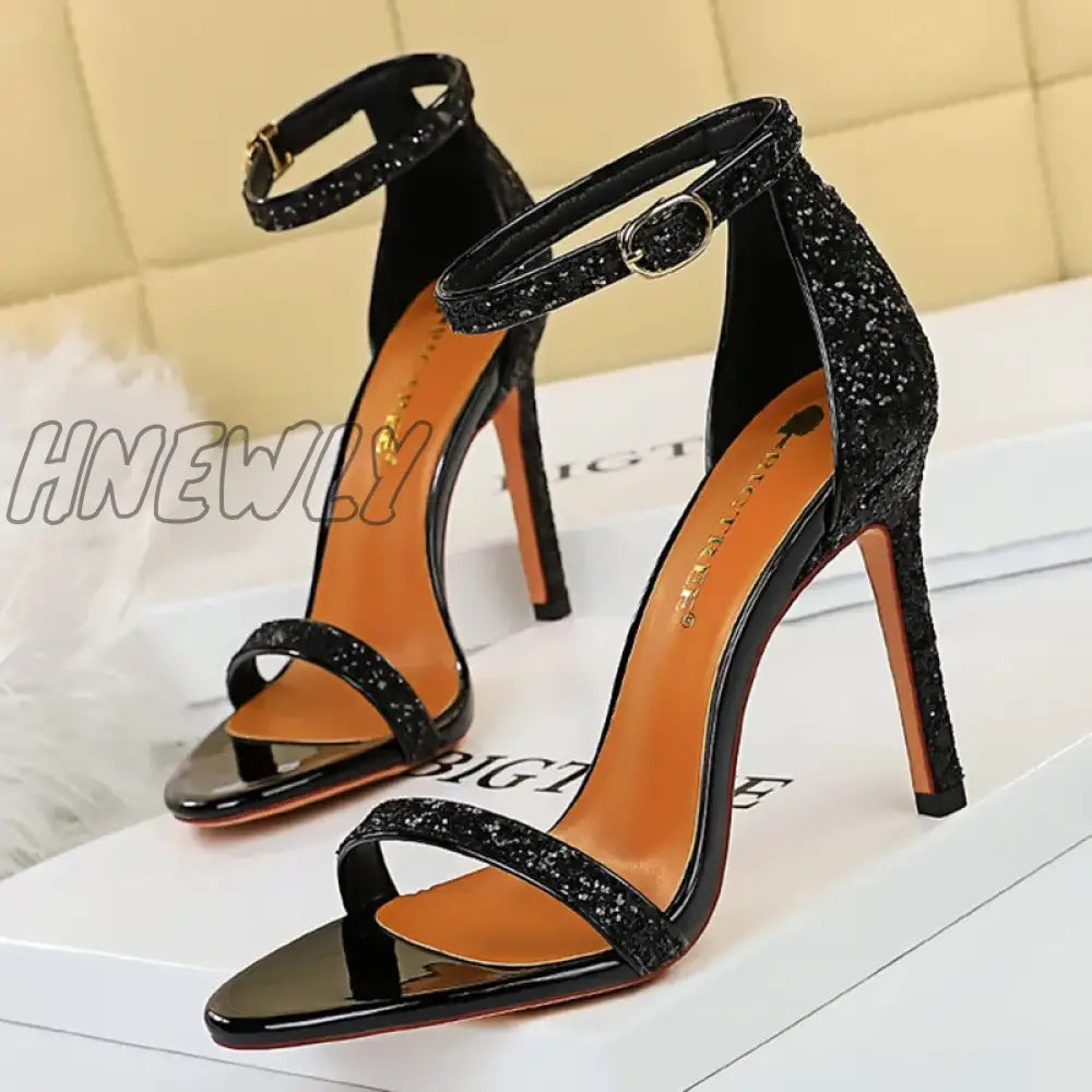 Hnewly Women Summer Platform Sandals 10cm High Heels Silver Bling Sequins Ankle Strappy Sandles Lady Wedding Event Party Sparkly Shoes