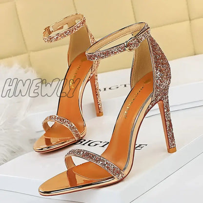 Hnewly Women Summer Platform Sandals 10cm High Heels Silver Bling Sequins Ankle Strappy Sandles Lady Wedding Event Party Sparkly Shoes