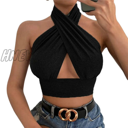 xsrrr Women Summer Tank Tops Sexy Solid Color Cross Halter Neck Sleeveless Backless Close-Fitting Crop Tops Lady Party Club Streetwear Winter Night Out Outfit