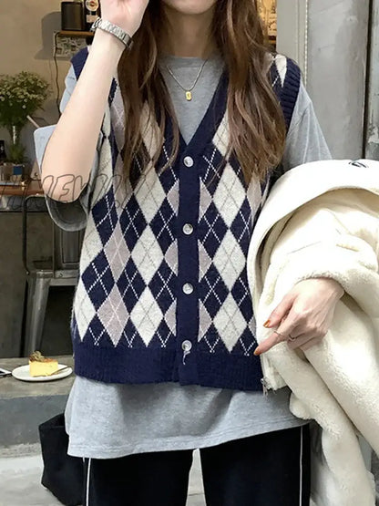 Hnewly Women Sweater Vest Autumn V-neck Tops Sleeveless Knitted Loose Korean Vests Argyle Sweaters Colete Feminino Chaleco Sin Mangas