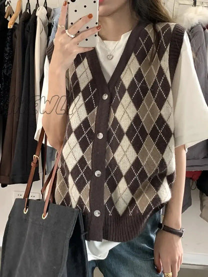 Hnewly Women Sweater Vest Autumn V-neck Tops Sleeveless Knitted Loose Korean Vests Argyle Sweaters Colete Feminino Chaleco Sin Mangas