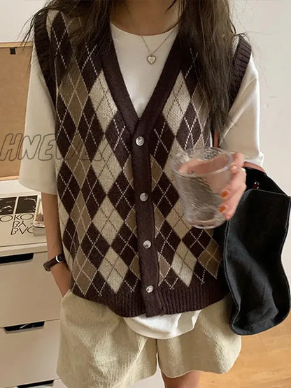 Hnewly Women Sweater Vest Autumn V-neck Tops Sleeveless Knitted Loose Korean Vests Argyle Sweaters Colete Feminino Chaleco Sin Mangas