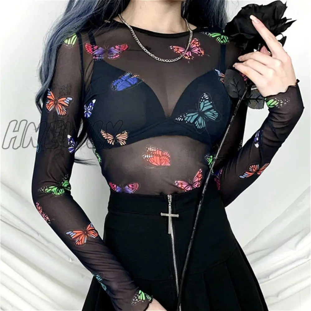 xsrrr Women T-shirt Summer Butterfly Print Mesh Sheer Sexy Tee Shirts Long Sleeve See Through Beach Club Crop Tops Summer Autumn