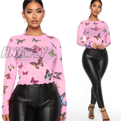 xsrrr Women T-shirt Summer Butterfly Print Mesh Sheer Sexy Tee Shirts Long Sleeve See Through Beach Club Crop Tops Summer Autumn