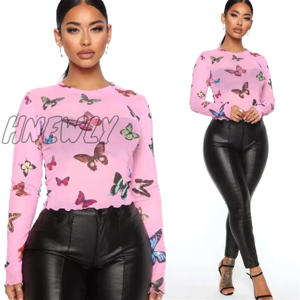 xsrrr Women T-shirt Summer Butterfly Print Mesh Sheer Sexy Tee Shirts Long Sleeve See Through Beach Club Crop Tops Summer Autumn