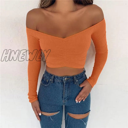 xsrrr women T-shirts sexy and club fashion female T-shirt long sleeve off shoulder solid color lady Tshirt autumn basic tees