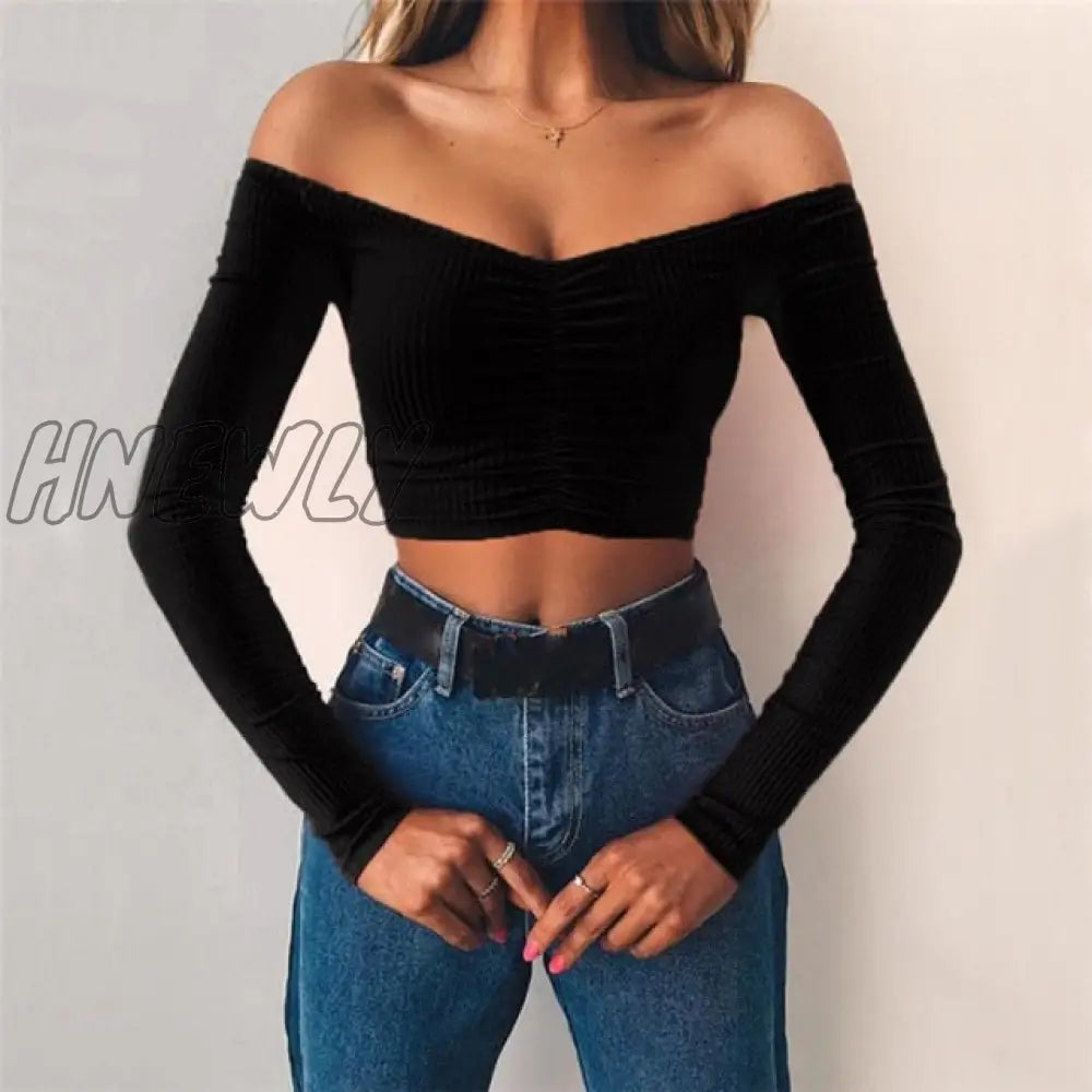 xsrrr women T-shirts sexy and club fashion female T-shirt long sleeve off shoulder solid color lady Tshirt autumn basic tees