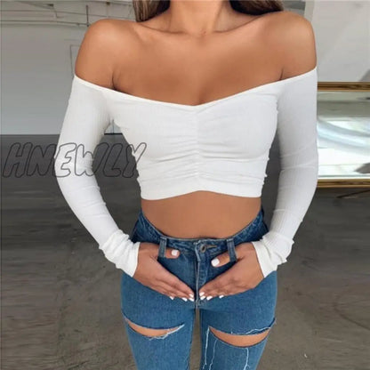 xsrrr women T-shirts sexy and club fashion female T-shirt long sleeve off shoulder solid color lady Tshirt autumn basic tees