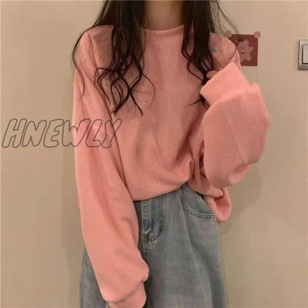 xsrrr Women thin Hoodies Spring Autumn Casual Loose o-neck cotton solid Pullovers Sweatshirt Harajuku Kpop Oversized pink white Hoodie