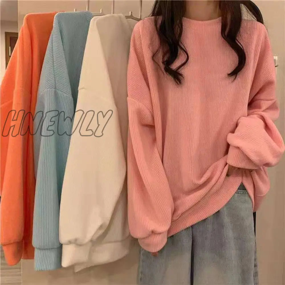 xsrrr Women thin Hoodies Spring Autumn Casual Loose o-neck cotton solid Pullovers Sweatshirt Harajuku Kpop Oversized pink white Hoodie