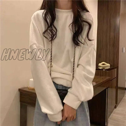 xsrrr Women thin Hoodies Spring Autumn Casual Loose o-neck cotton solid Pullovers Sweatshirt Harajuku Kpop Oversized pink white Hoodie