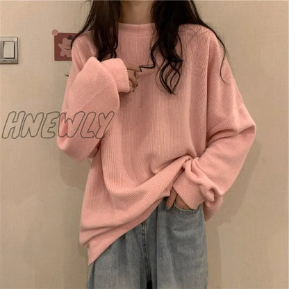 xsrrr Women thin Hoodies Spring Autumn Casual Loose o-neck cotton solid Pullovers Sweatshirt Harajuku Kpop Oversized pink white Hoodie