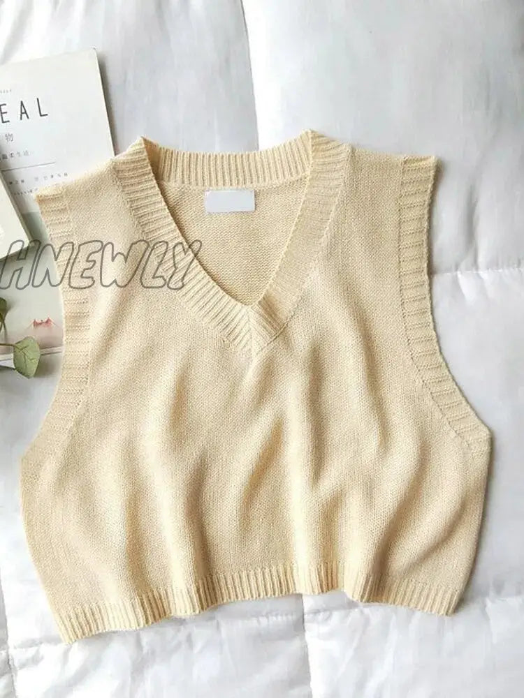 xsrrr Women V-Neck Knitted Vest New Spring Autumn Sweater Vests Short Female Casual Sleeveless Twist Knit Pullovers