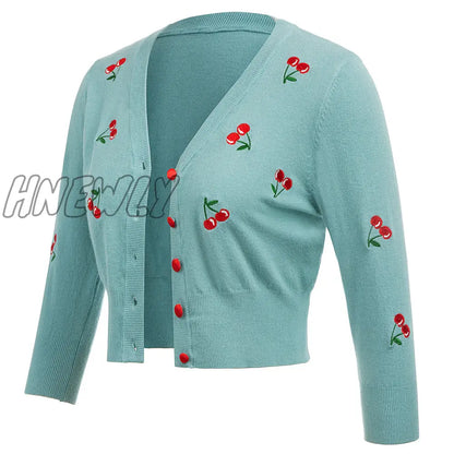 Hnewly Women Vintage Jackets Cardigans  Autumn Spring Womens Cherries Embroidery 3/4 Sleeve V-Neck Cropped Knitting Coat Knitwear