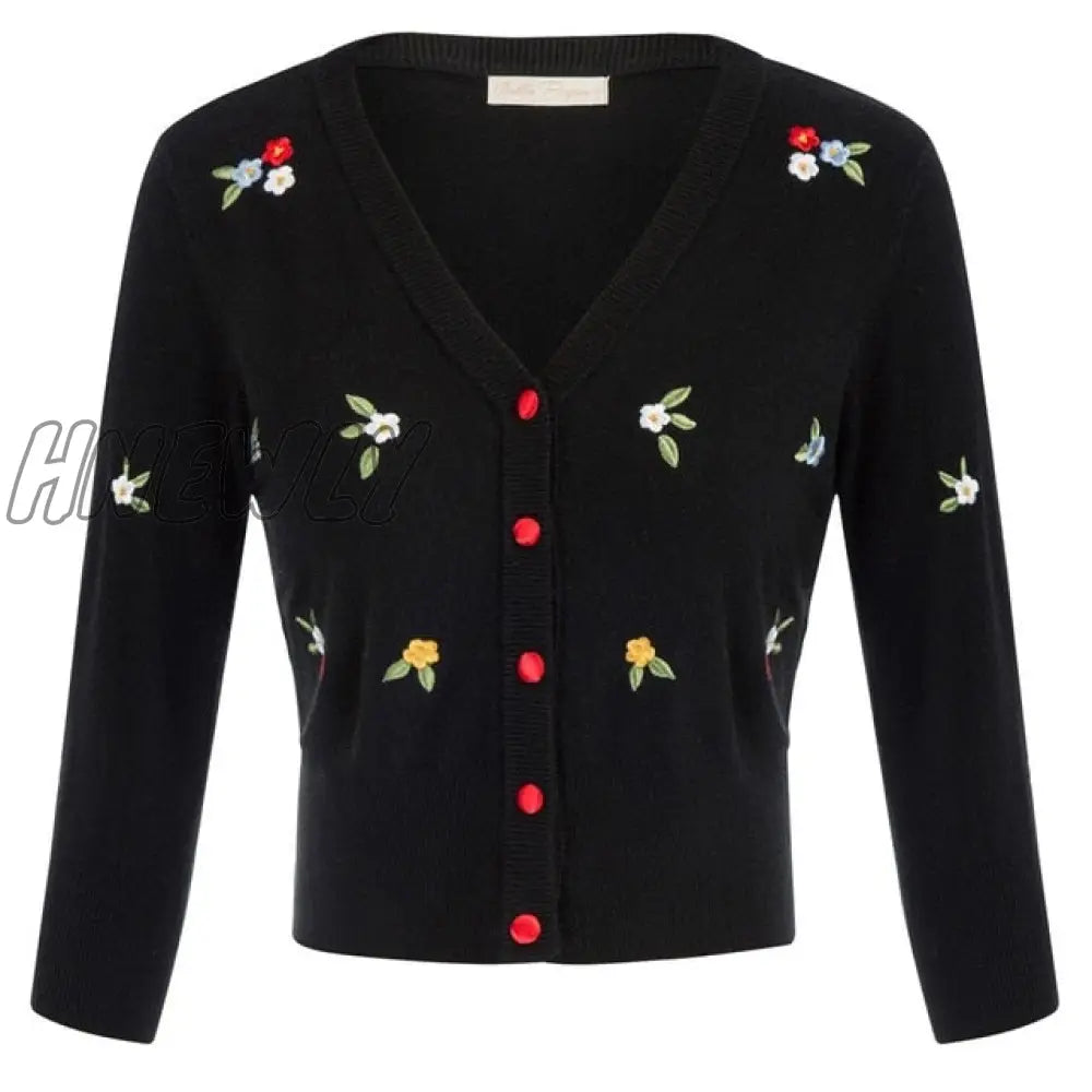 Hnewly Women Vintage Jackets Cardigans  Autumn Spring Womens Cherries Embroidery 3/4 Sleeve V-Neck Cropped Knitting Coat Knitwear