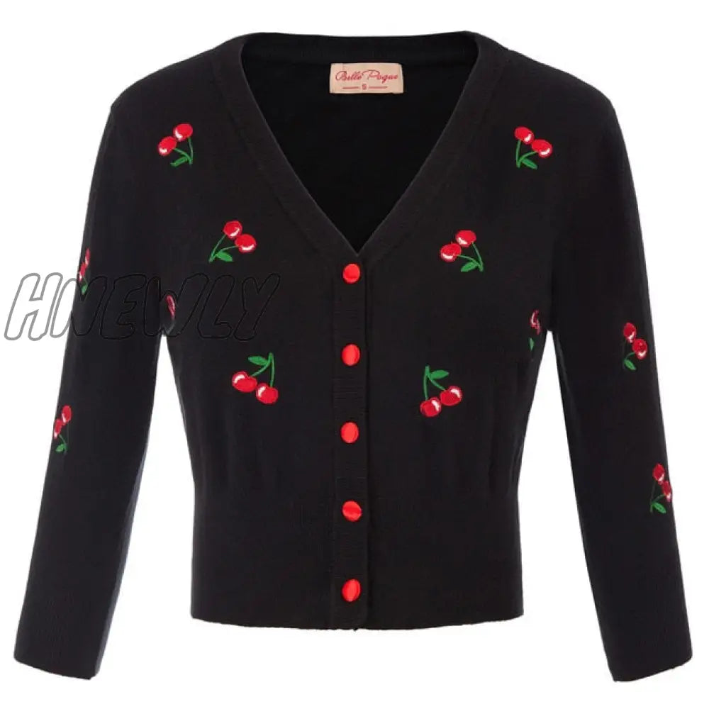 Hnewly Women Vintage Jackets Cardigans  Autumn Spring Womens Cherries Embroidery 3/4 Sleeve V-Neck Cropped Knitting Coat Knitwear