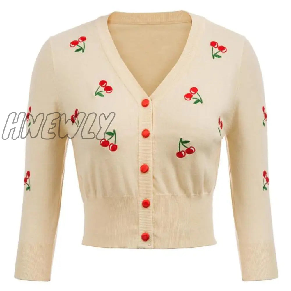 Hnewly Women Vintage Jackets Cardigans  Autumn Spring Womens Cherries Embroidery 3/4 Sleeve V-Neck Cropped Knitting Coat Knitwear