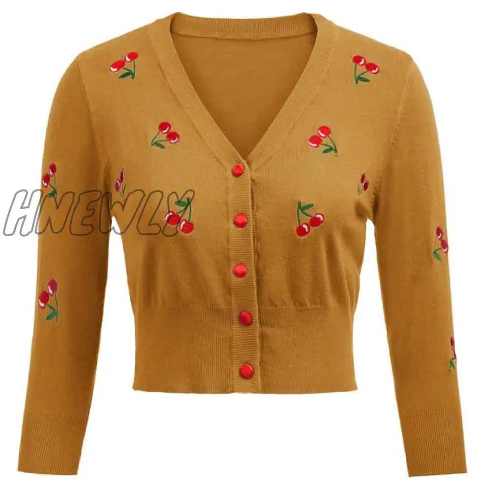 Hnewly Women Vintage Jackets Cardigans  Autumn Spring Womens Cherries Embroidery 3/4 Sleeve V-Neck Cropped Knitting Coat Knitwear