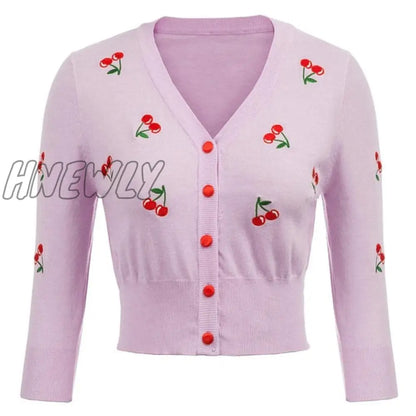 Hnewly Women Vintage Jackets Cardigans  Autumn Spring Womens Cherries Embroidery 3/4 Sleeve V-Neck Cropped Knitting Coat Knitwear