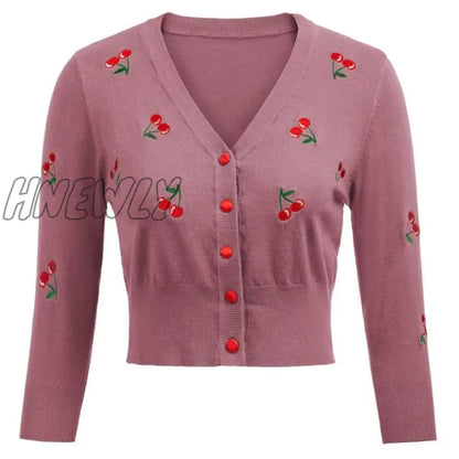 Hnewly Women Vintage Jackets Cardigans  Autumn Spring Womens Cherries Embroidery 3/4 Sleeve V-Neck Cropped Knitting Coat Knitwear