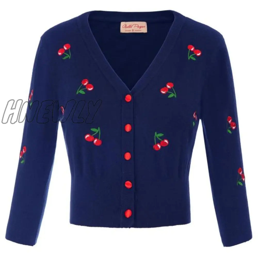 Hnewly Women Vintage Jackets Cardigans  Autumn Spring Womens Cherries Embroidery 3/4 Sleeve V-Neck Cropped Knitting Coat Knitwear