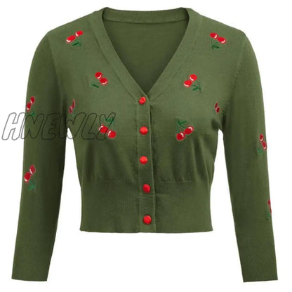 Hnewly Women Vintage Jackets Cardigans  Autumn Spring Womens Cherries Embroidery 3/4 Sleeve V-Neck Cropped Knitting Coat Knitwear