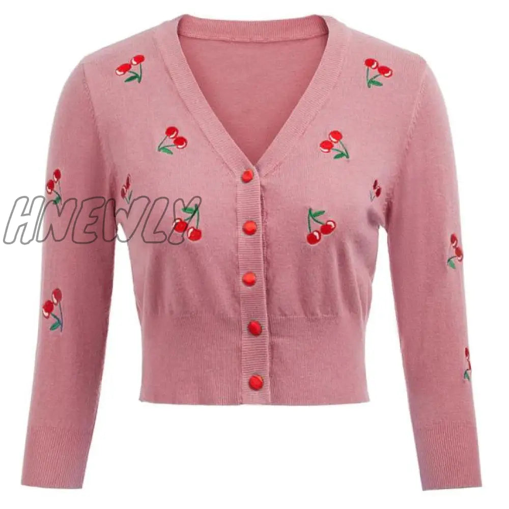 Hnewly Women Vintage Jackets Cardigans  Autumn Spring Womens Cherries Embroidery 3/4 Sleeve V-Neck Cropped Knitting Coat Knitwear