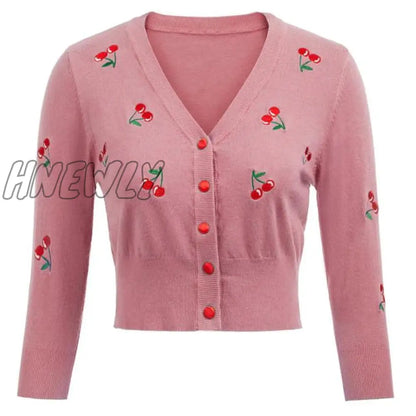 Hnewly Women Vintage Jackets Cardigans  Autumn Spring Womens Cherries Embroidery 3/4 Sleeve V-Neck Cropped Knitting Coat Knitwear