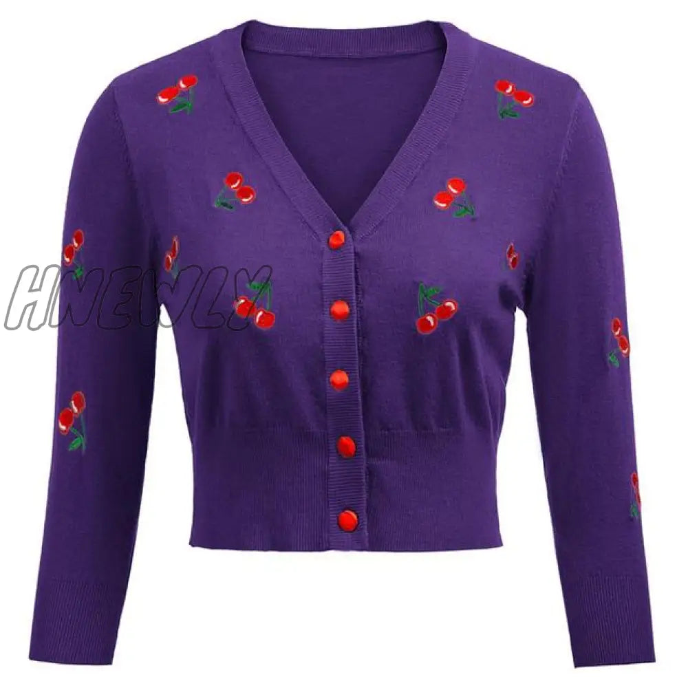 Hnewly Women Vintage Jackets Cardigans  Autumn Spring Womens Cherries Embroidery 3/4 Sleeve V-Neck Cropped Knitting Coat Knitwear