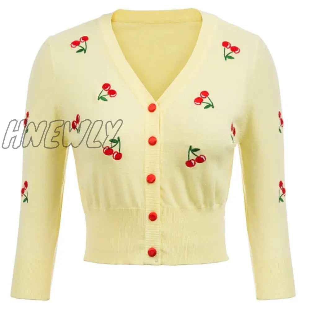 Hnewly Women Vintage Jackets Cardigans  Autumn Spring Womens Cherries Embroidery 3/4 Sleeve V-Neck Cropped Knitting Coat Knitwear