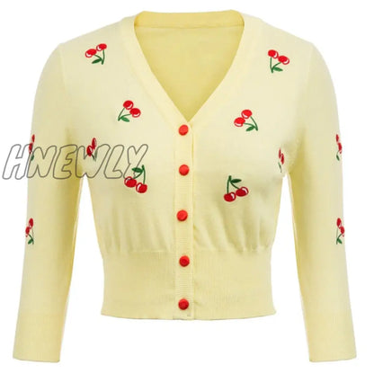 Hnewly Women Vintage Jackets Cardigans  Autumn Spring Womens Cherries Embroidery 3/4 Sleeve V-Neck Cropped Knitting Coat Knitwear