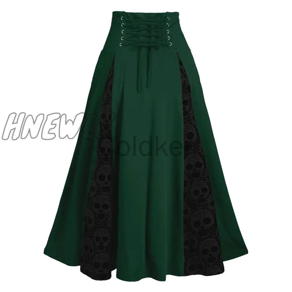 xsrrr Women Vintage Lace-up Skirts Skull Lace Stitching Buttons Big Swing Skirt Female Halloween Party Medieval Cosplay Costumes S-3XL