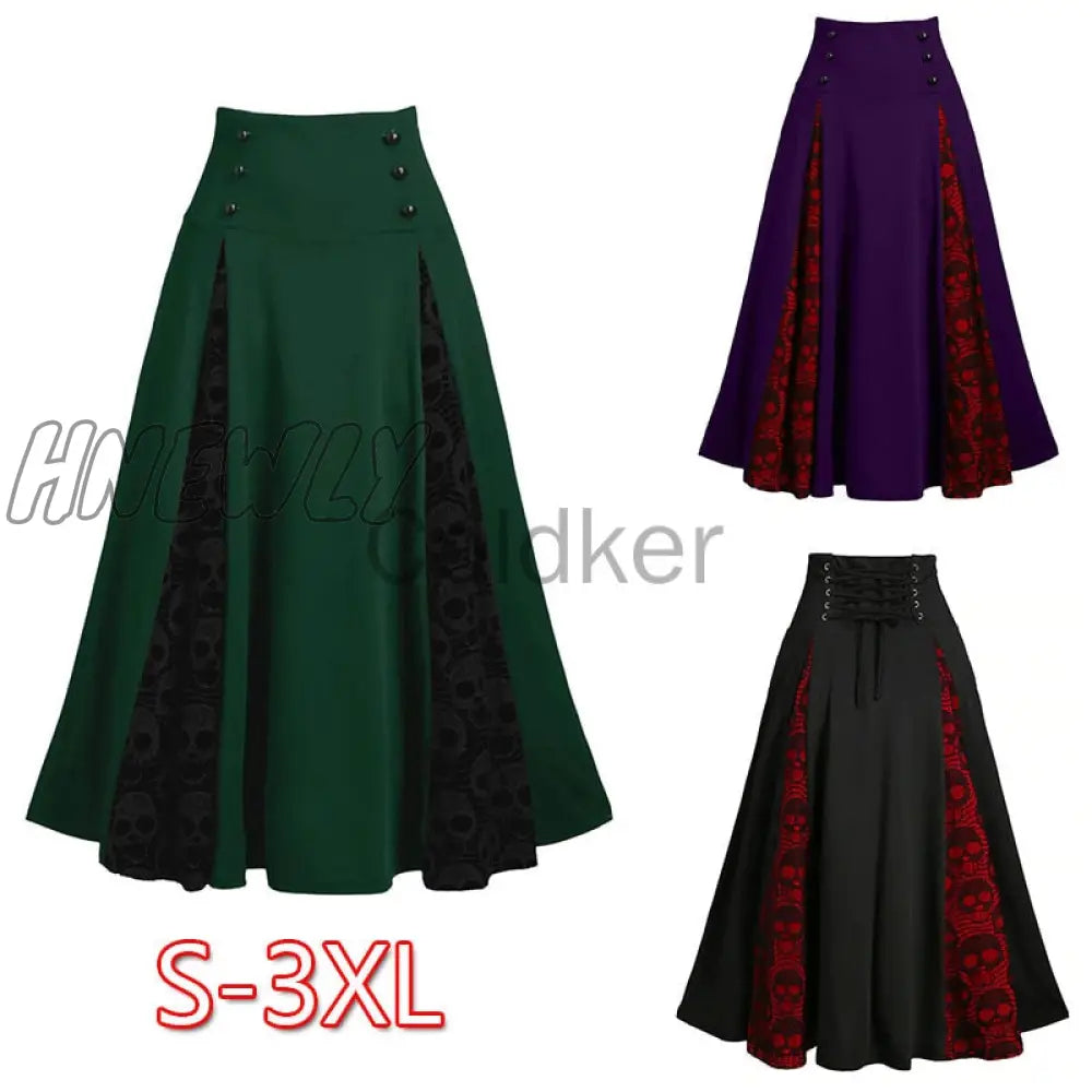 xsrrr Women Vintage Lace-up Skirts Skull Lace Stitching Buttons Big Swing Skirt Female Halloween Party Medieval Cosplay Costumes S-3XL