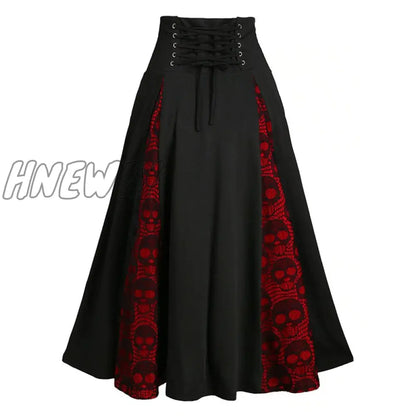 xsrrr Women Vintage Lace-up Skirts Skull Lace Stitching Buttons Big Swing Skirt Female Halloween Party Medieval Cosplay Costumes S-3XL