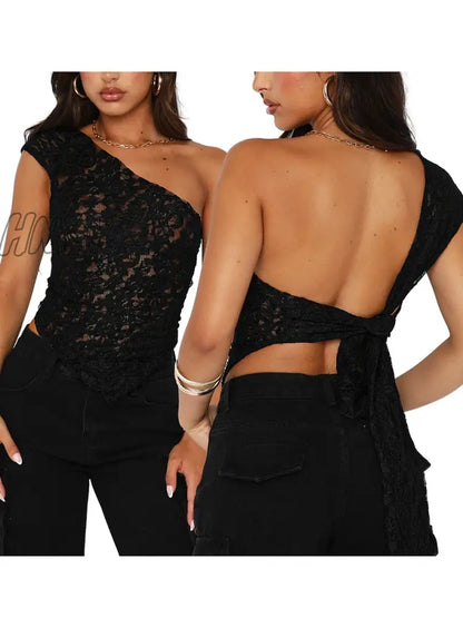 xsrrr Women White Lace Vest Sleeveless One-shoulder Sexy Black Fashion Backless  Casual Chic Irregular Summer Tops Clubwear for Party