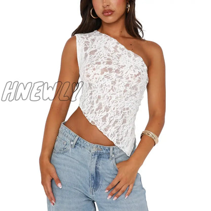 xsrrr Women White Lace Vest Sleeveless One-shoulder Sexy Black Fashion Backless  Casual Chic Irregular Summer Tops Clubwear for Party