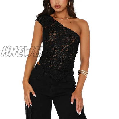 xsrrr Women White Lace Vest Sleeveless One-shoulder Sexy Black Fashion Backless  Casual Chic Irregular Summer Tops Clubwear for Party