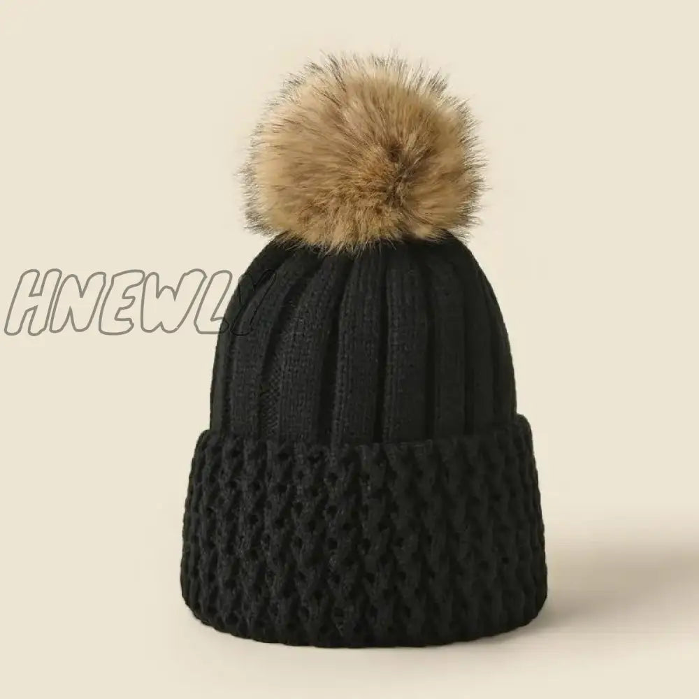 xsrrr Women Winter Solid Knitted Hat Casual Brimless Big Fur Pompom Hat for Females Winter Warm Fashion Leisure Ladies Caps