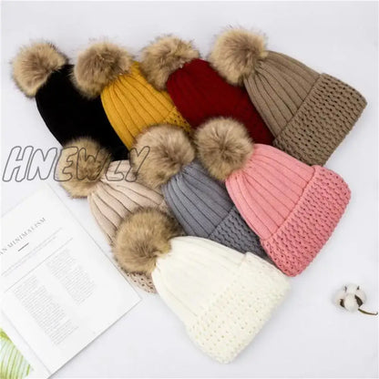 xsrrr Women Winter Solid Knitted Hat Casual Brimless Big Fur Pompom Hat for Females Winter Warm Fashion Leisure Ladies Caps