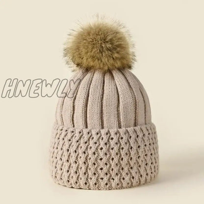 xsrrr Women Winter Solid Knitted Hat Casual Brimless Big Fur Pompom Hat for Females Winter Warm Fashion Leisure Ladies Caps