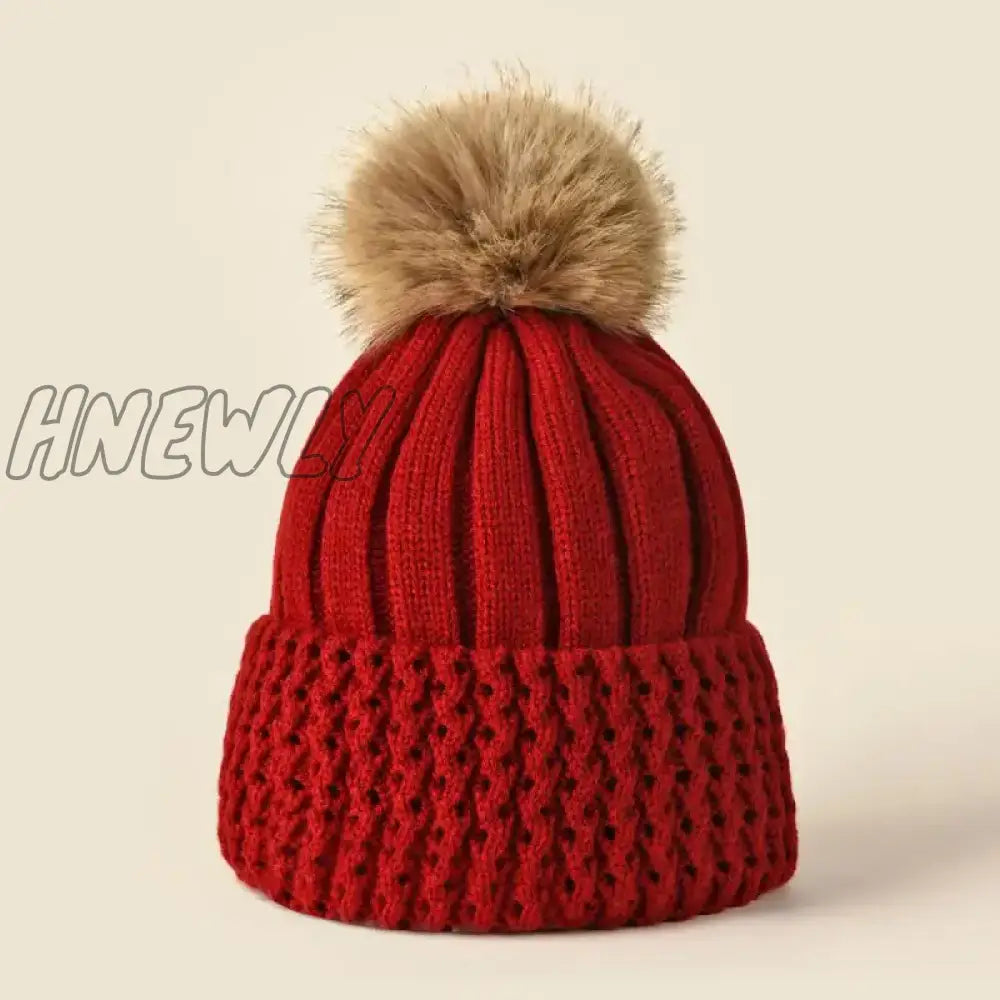 xsrrr Women Winter Solid Knitted Hat Casual Brimless Big Fur Pompom Hat for Females Winter Warm Fashion Leisure Ladies Caps