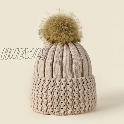 xsrrr Women Winter Solid Knitted Hat Casual Brimless Big Fur Pompom Hat for Females Winter Warm Fashion Leisure Ladies Caps