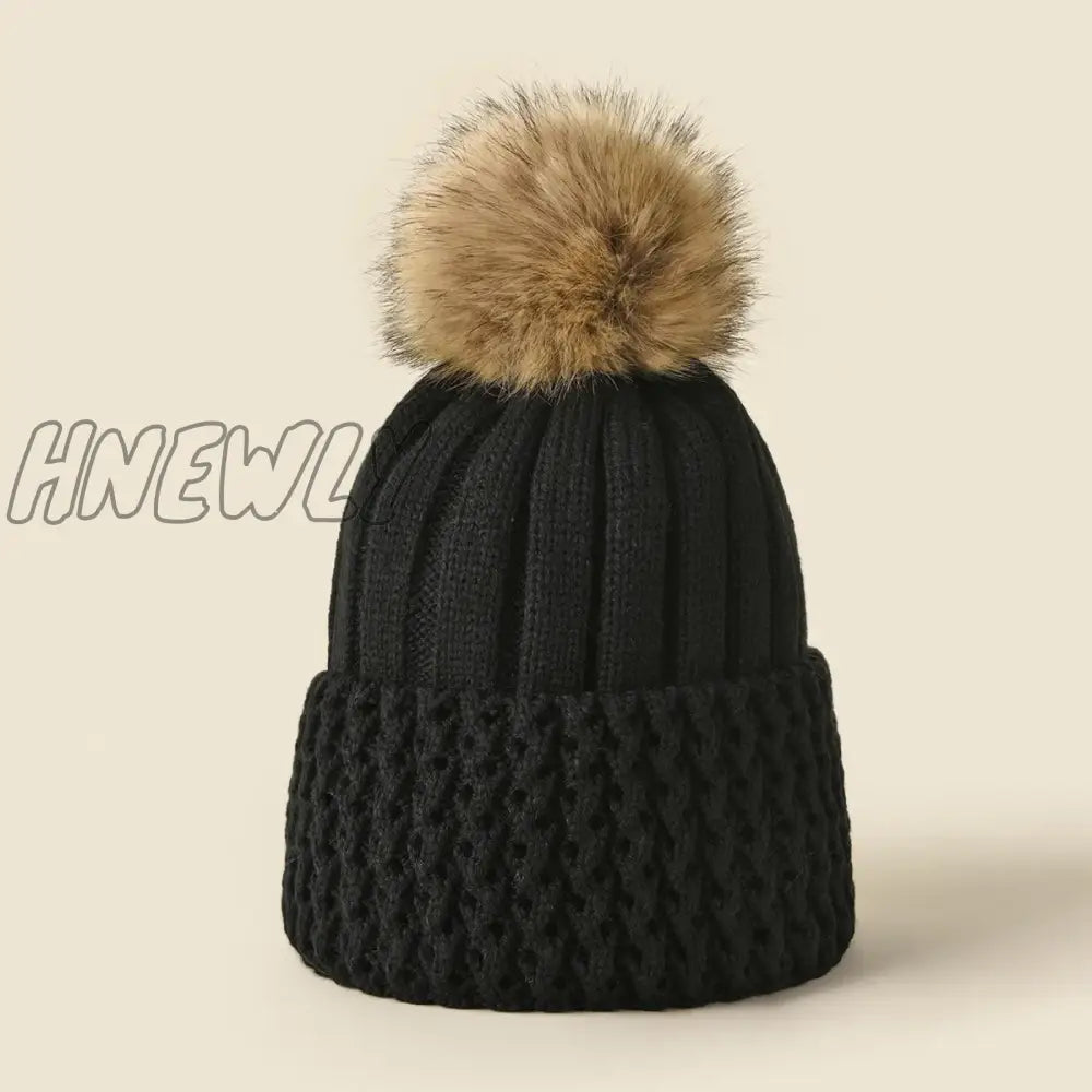 xsrrr Women Winter Solid Knitted Hat Casual Brimless Big Fur Pompom Hat for Females Winter Warm Fashion Leisure Ladies Caps