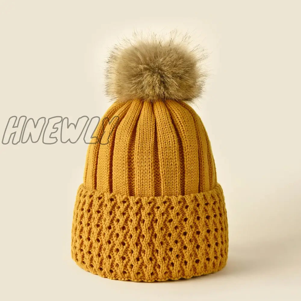 xsrrr Women Winter Solid Knitted Hat Casual Brimless Big Fur Pompom Hat for Females Winter Warm Fashion Leisure Ladies Caps